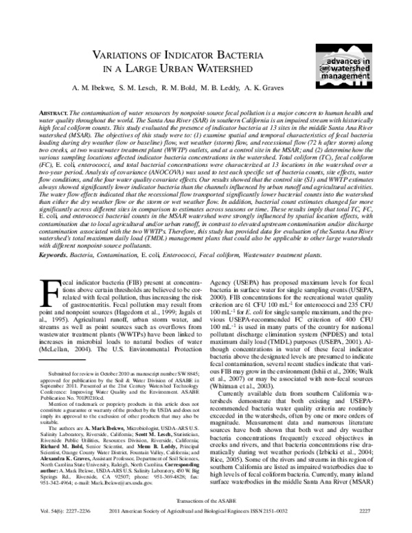 (PDF) Variations of Indicator Bacteria in a Large Urban Watershed
