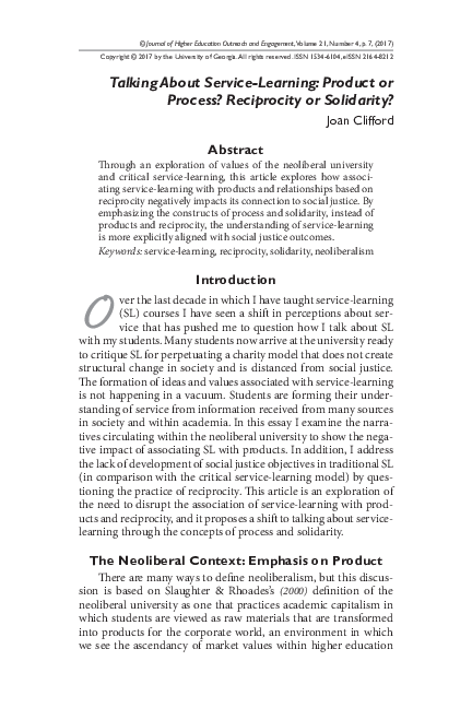 (PDF) Talking about Service-Learning: Product or Process? Reciprocity ...