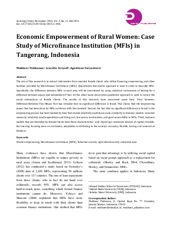 (PDF) Economic Empowerment of Rural Women: Case Study of Microfinance ...
