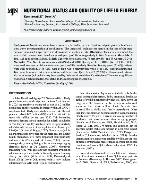 (PDF) Nutritional Status and Quality of Life in Elderly