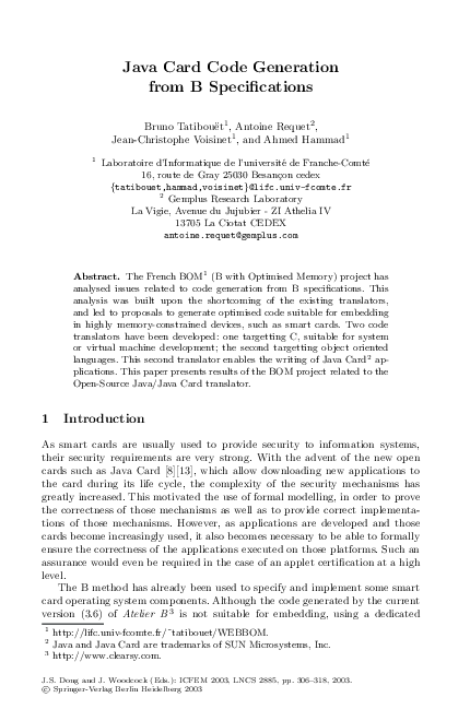 (PDF) Java Card Code Generation from B Specifications