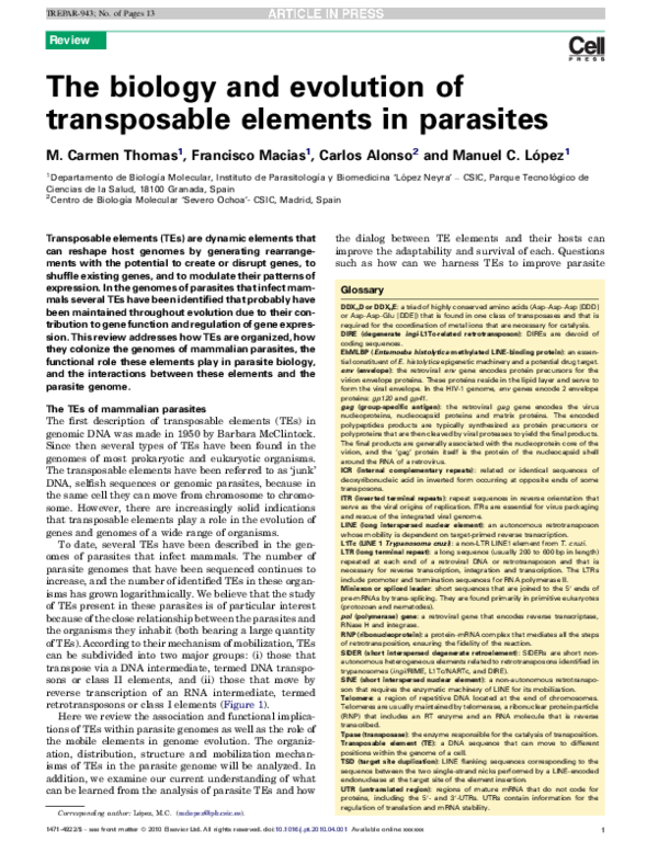 (PDF) The biology and evolution of transposable elements in parasites