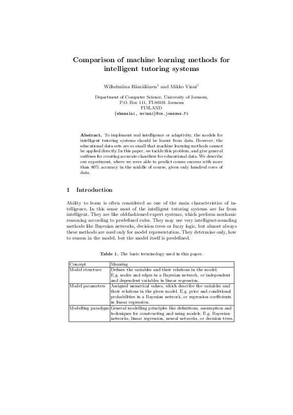 (PDF) Comparison of Machine Learning Methods for Intelligent Tutoring ...