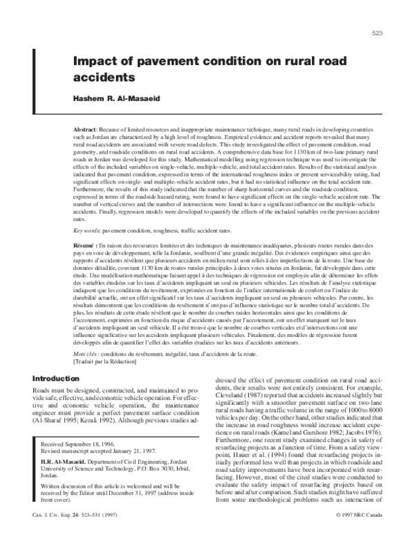 (PDF) Impact of pavement condition on rural road accidents