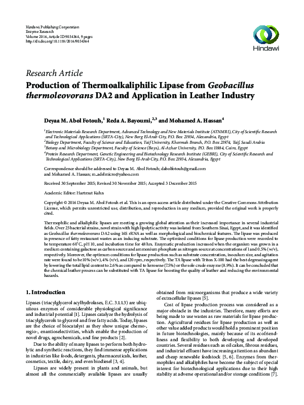 (PDF) Production of Thermoalkaliphilic Lipase from Geobacillus
