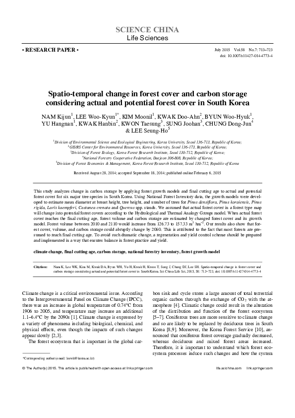 (PDF) Spatio-temporal change in forest cover and carbon storage ...