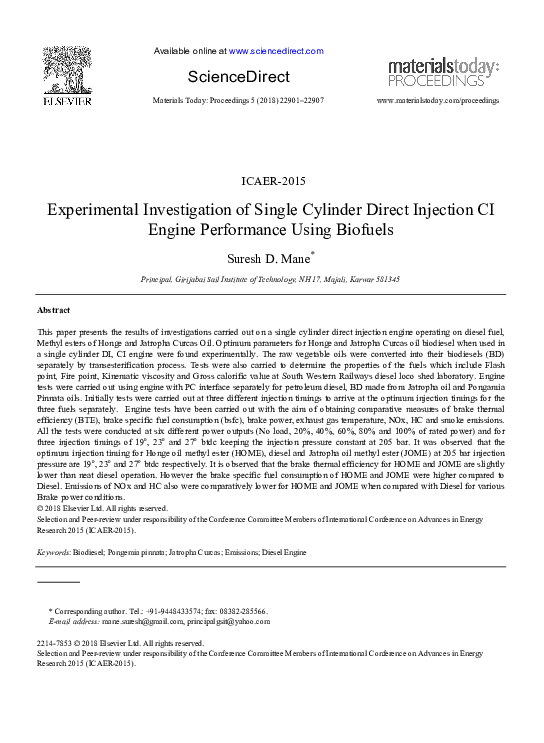 (PDF) Experimental investigation of a single cylinder diesel engine as ...