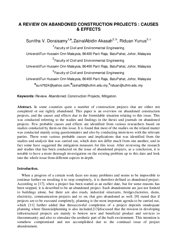 (PDF) A Review on Abandoned Construction Projects: Causes & Effects