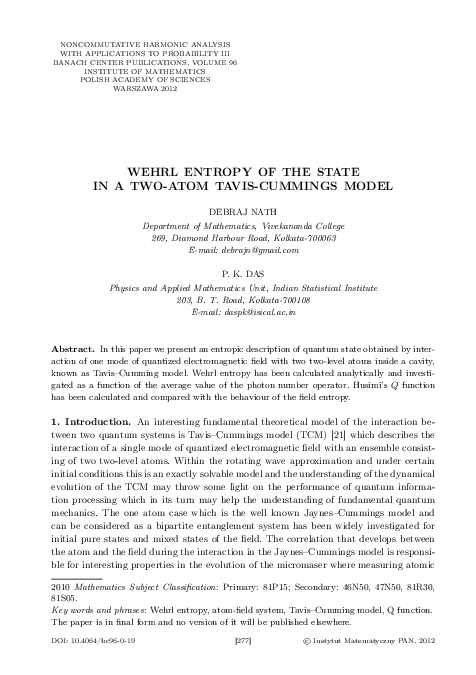(PDF) Wehrl entropy of the state in a two-atom Tavis-Cummings model
