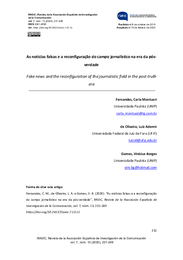 As notícias falsas e a reconfiguração do campo jornalístico era da pós-verdade