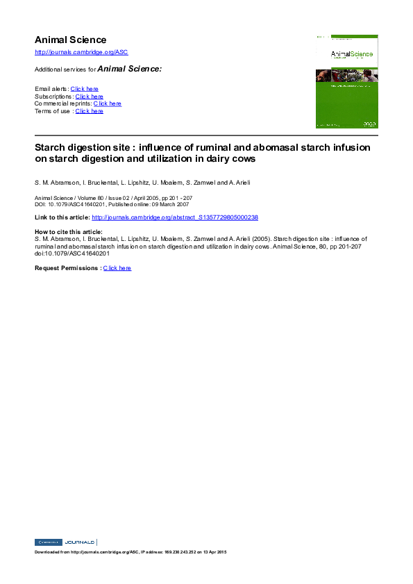 (PDF) Starch digestion site : influence of ruminal and abomasal starch ...
