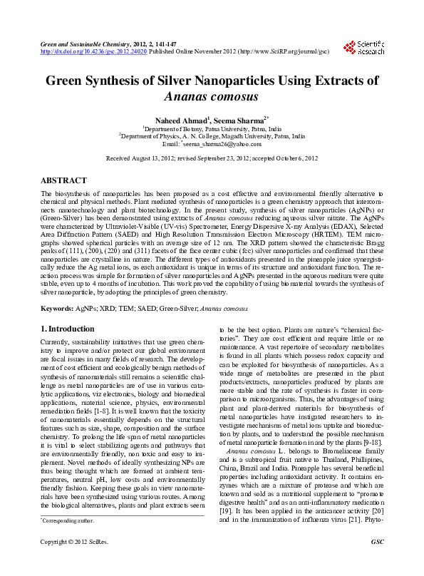 (PDF) Green Synthesis of Silver Nanoparticles Using Extracts of Ananas ...