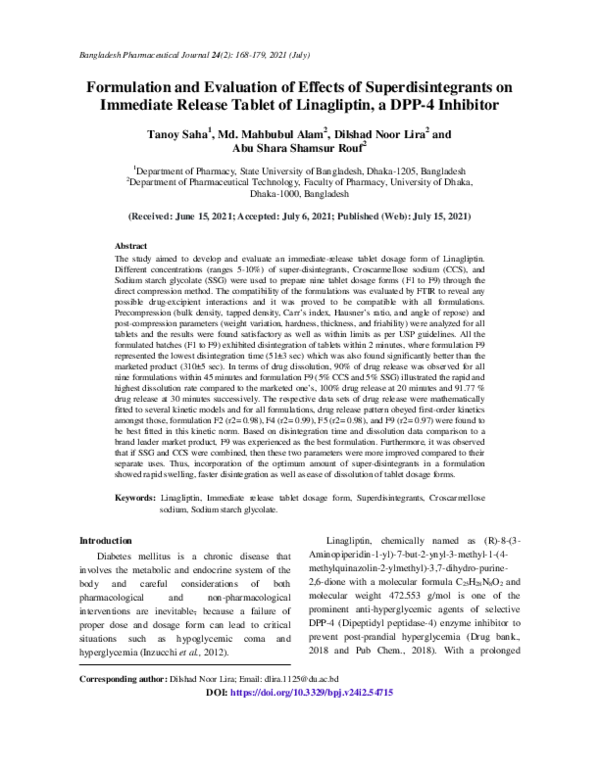 (PDF) Formulation and Evaluation of Effects of Superdisintegrants on ...