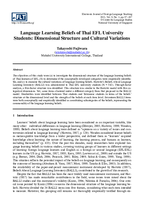(PDF) Language Learning Beliefs of Thai EFL University Students ...