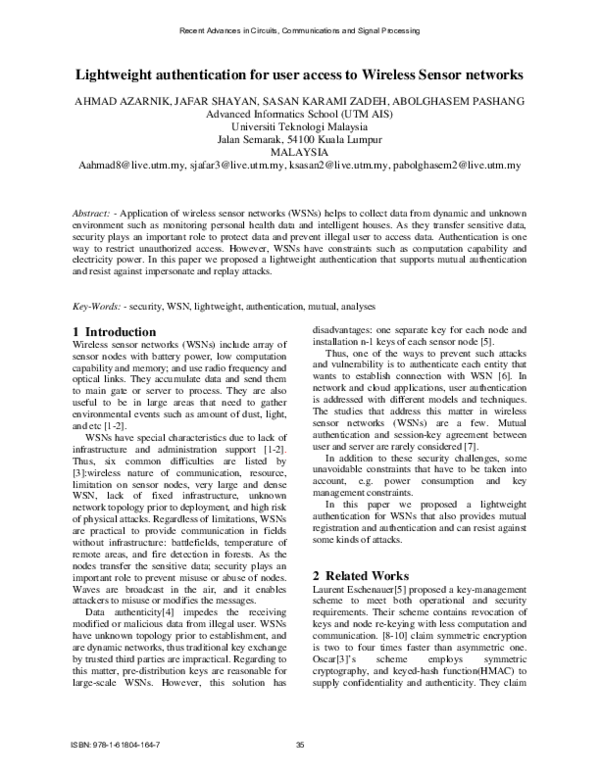 (PDF) Lightweight authentication for user access to Wireless Sensor ...