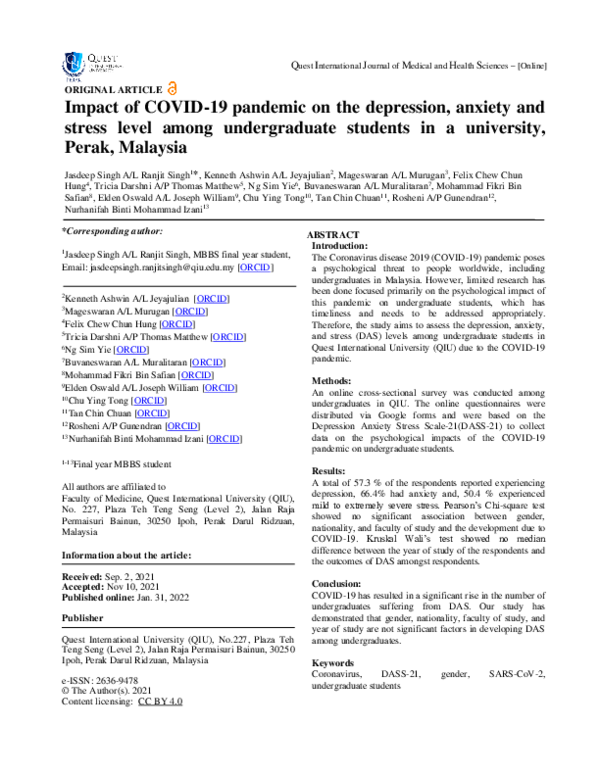 (PDF) Impact of COVID-19 pandemic on the depression, anxiety and stress ...