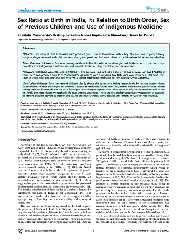 (PDF) Sex Ratio at Birth in India, Its Relation to Birth Order, Sex of ...
