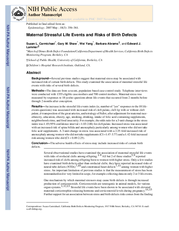 (PDF) Maternal Stressful Life Events and Risks of Birth Defects