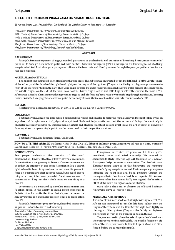 (PDF) Effect of Brahmari Pranayama on Visual Reaction Time