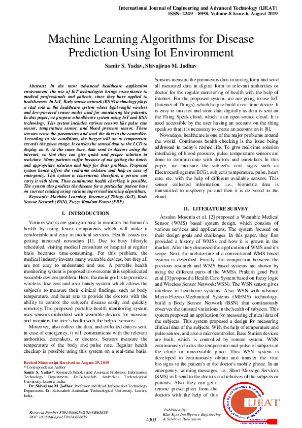 (PDF) Machine Learning Algorithms for Disease Prediction Using IoT ...