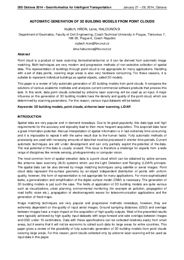 (PDF) Automatic Generation of 3D Building Models from Point Clouds