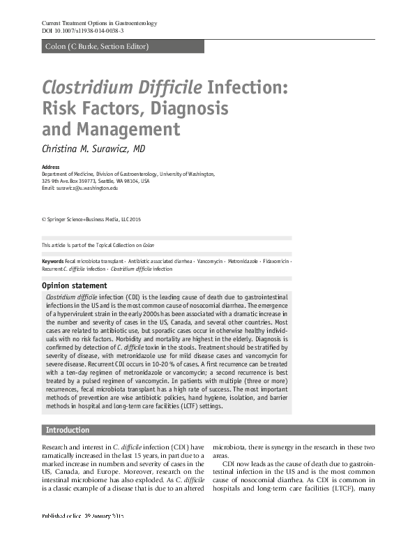 (PDF) Clostridium difficile Infection: Risk Factors, Medical and ...