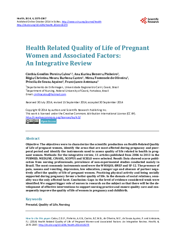 (PDF) Health Related Quality of Life of Pregnant Women and Associated ...