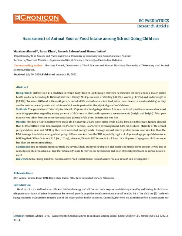 (PDF) Assessment of Animal Source Food Intake among School Going Children