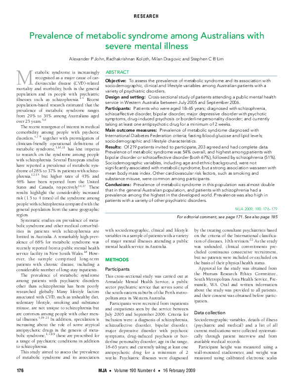 (PDF) Prevalence of metabolic syndrome among Australians with severe ...