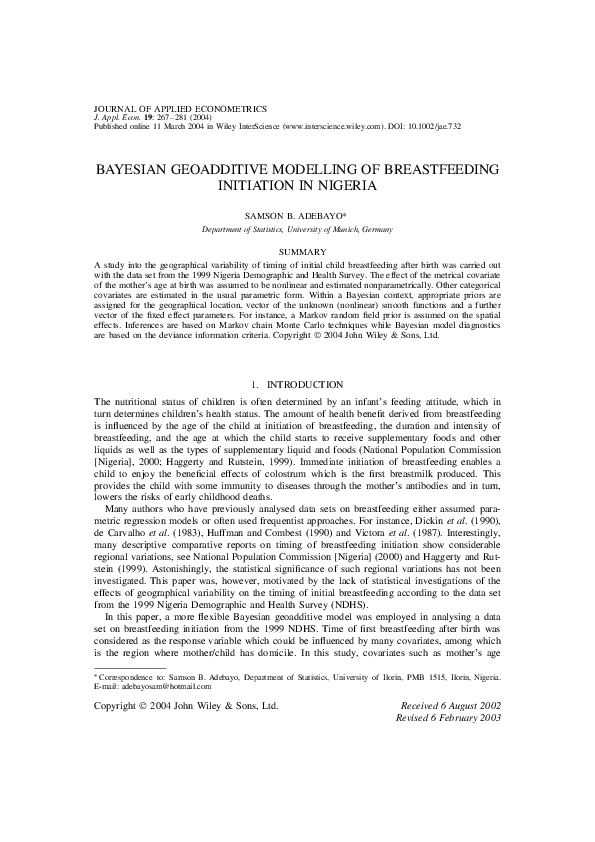 (PDF) Bayesian geoadditive modelling of breastfeeding initiation in Nigeria