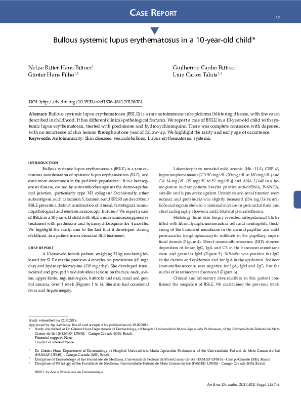 (PDF) Bullous systemic lupus erythematosus in a 10-year-old child