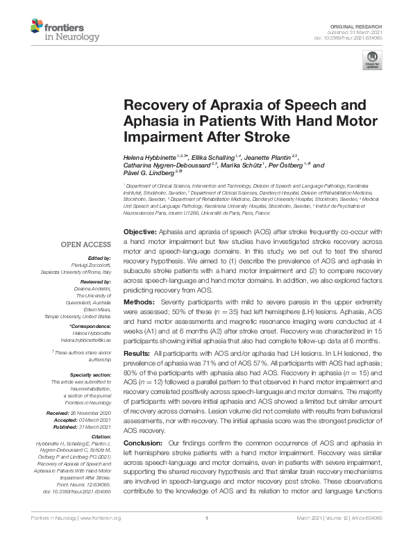 (PDF) Recovery of Apraxia of Speech and Aphasia in Patients With Hand ...
