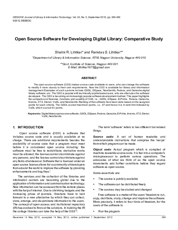 (PDF) Open Source Software for Developing Digital Library: Comparative ...