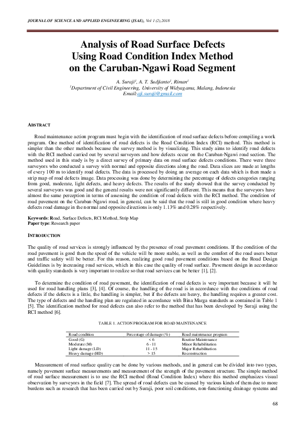 (PDF) Analysis of Road Surface Defects Using Road Condition Index ...
