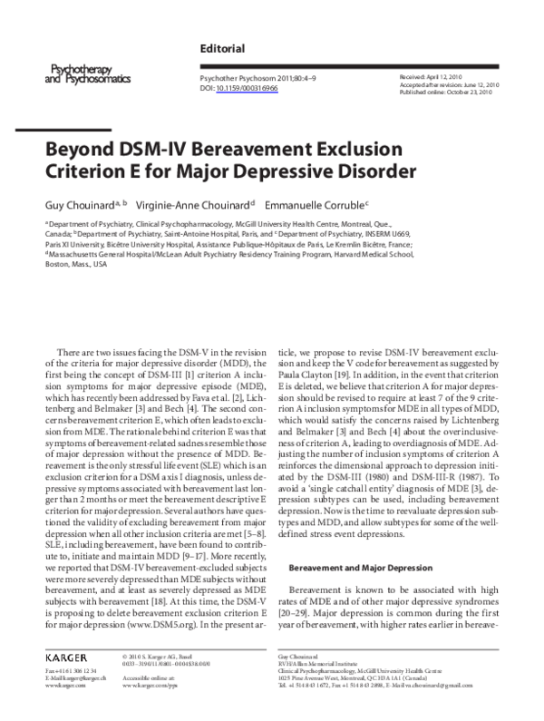(PDF) Beyond DSM-IV Bereavement Exclusion Criterion E for Major ...