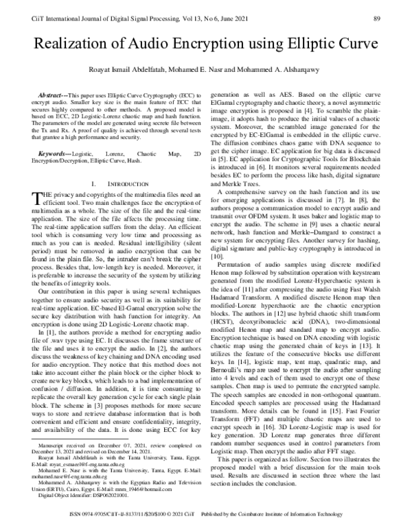(PDF) Realization of Audio Encryption using Elliptic Curve