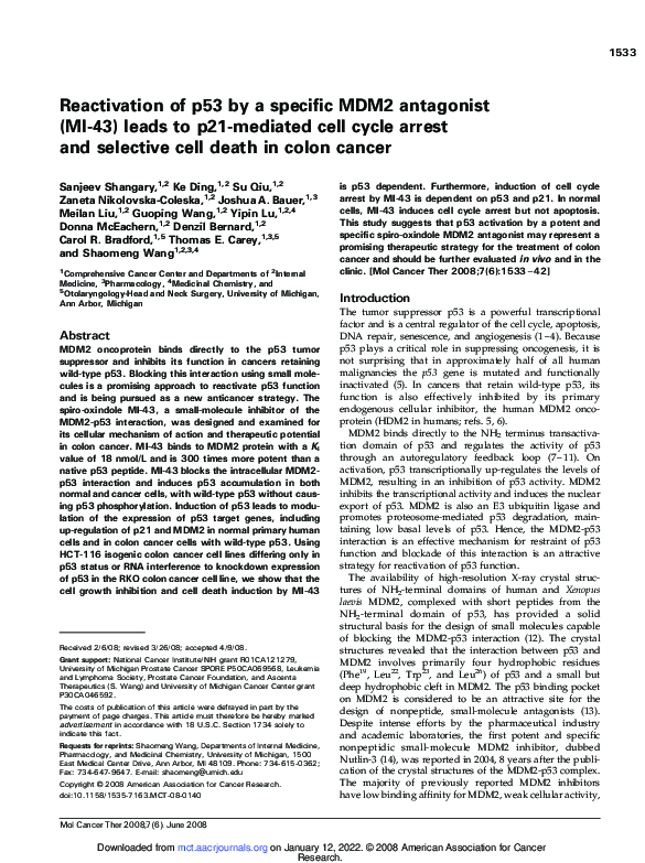 (PDF) Reactivation of p53 by a specific MDM2 antagonist (MI-43) leads ...
