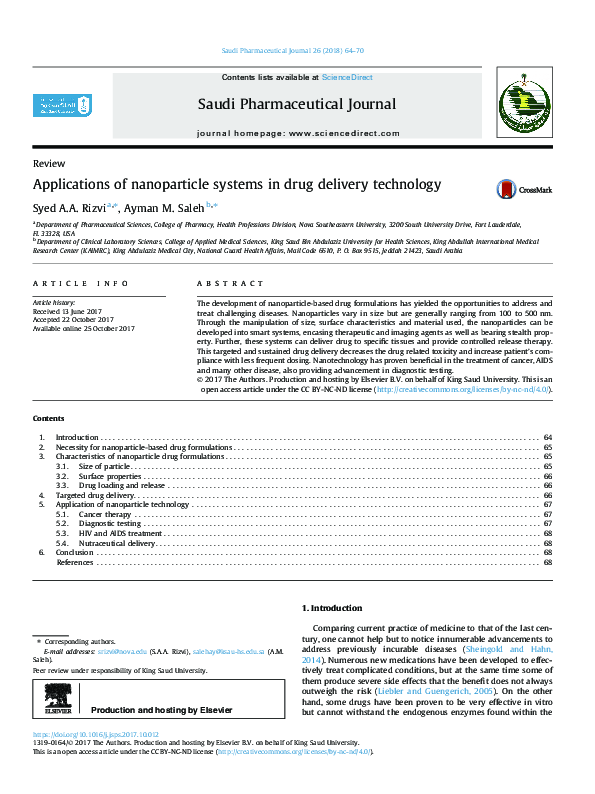 (PDF) Applications of nanoparticle systems in drug delivery technology