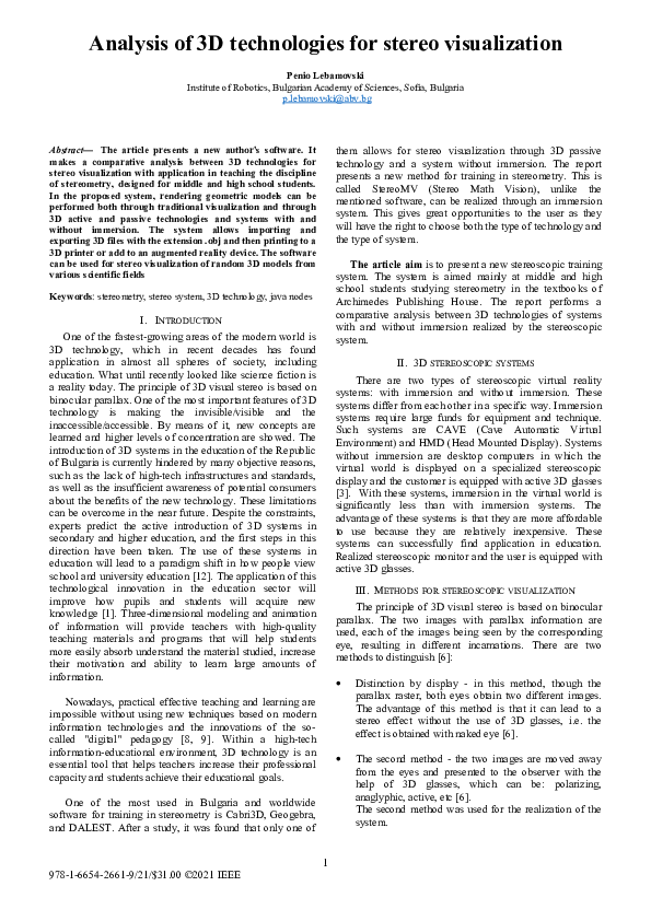 (PDF) Analysis of 3D technologies for stereo visualization