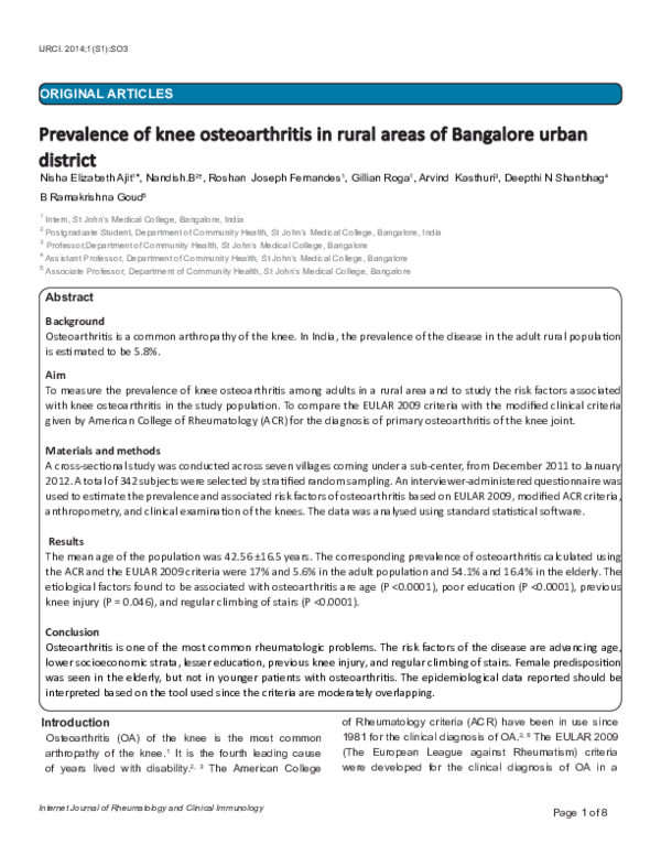 (PDF) Prevalence of knee osteoarthritis in rural areas of Bangalore ...