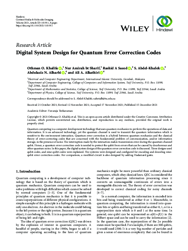 (PDF) Digital System Design for Quantum Error Correction Codes