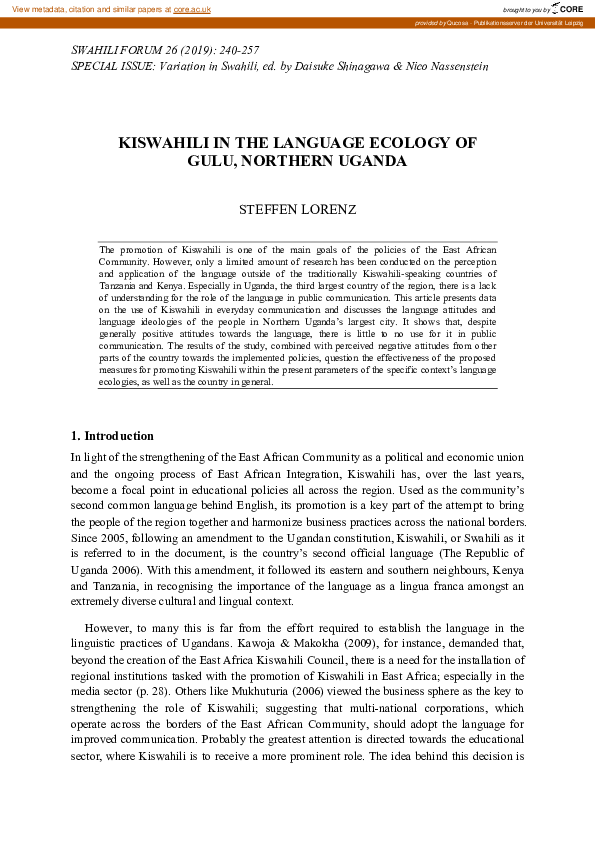 (PDF) Kiswahili in the language ecology of Gulu, Northern Uganda