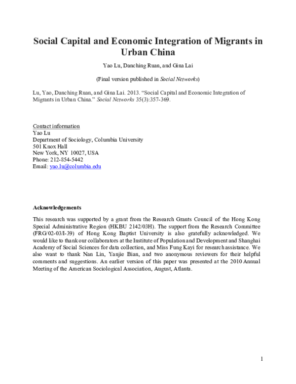(PDF) Social capital and economic integration of migrants in urban China