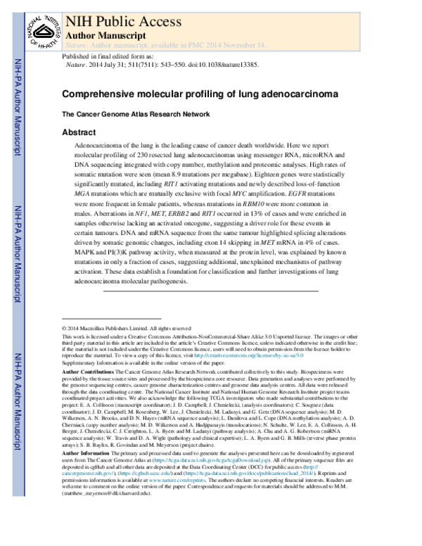 (PDF) Comprehensive molecular profiling of lung adenocarcinoma