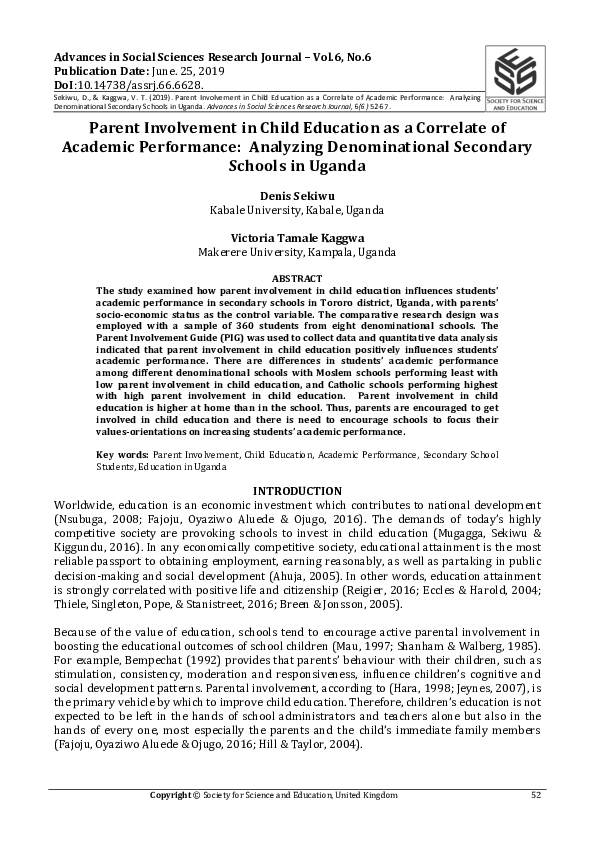 (PDF) Parent Involvement in Child Education as a Correlate of Academic ...