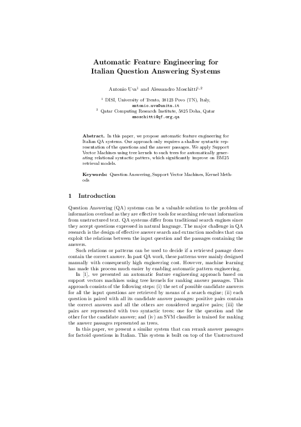 (PDF) Automatic Feature Engineering for Italian Question Answering Systems