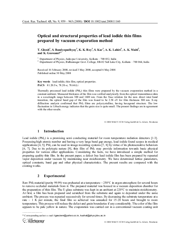 (PDF) Optical and structural properties of lead iodide thin films