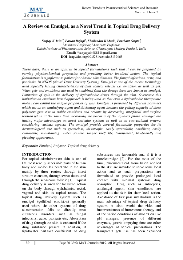 (PDF) A Review on Emulgel, as a Novel Trend in Topical Drug Delivery System