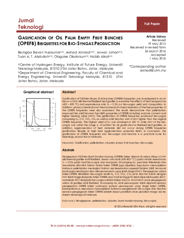 (PDF) Gasification of Oil Palm Empty Fruit Bunches (Opefb) Briquettes ...