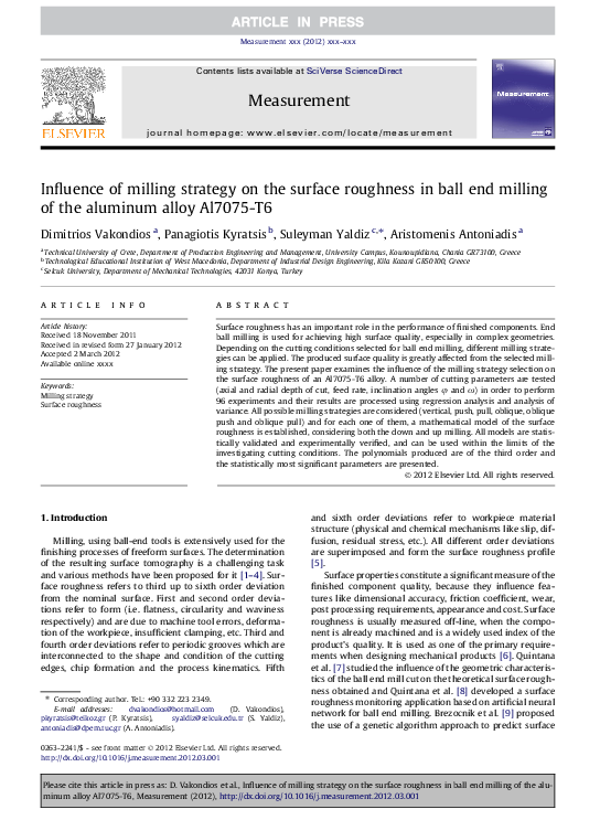 (PDF) Influence of milling strategy on the surface roughness in ball ...